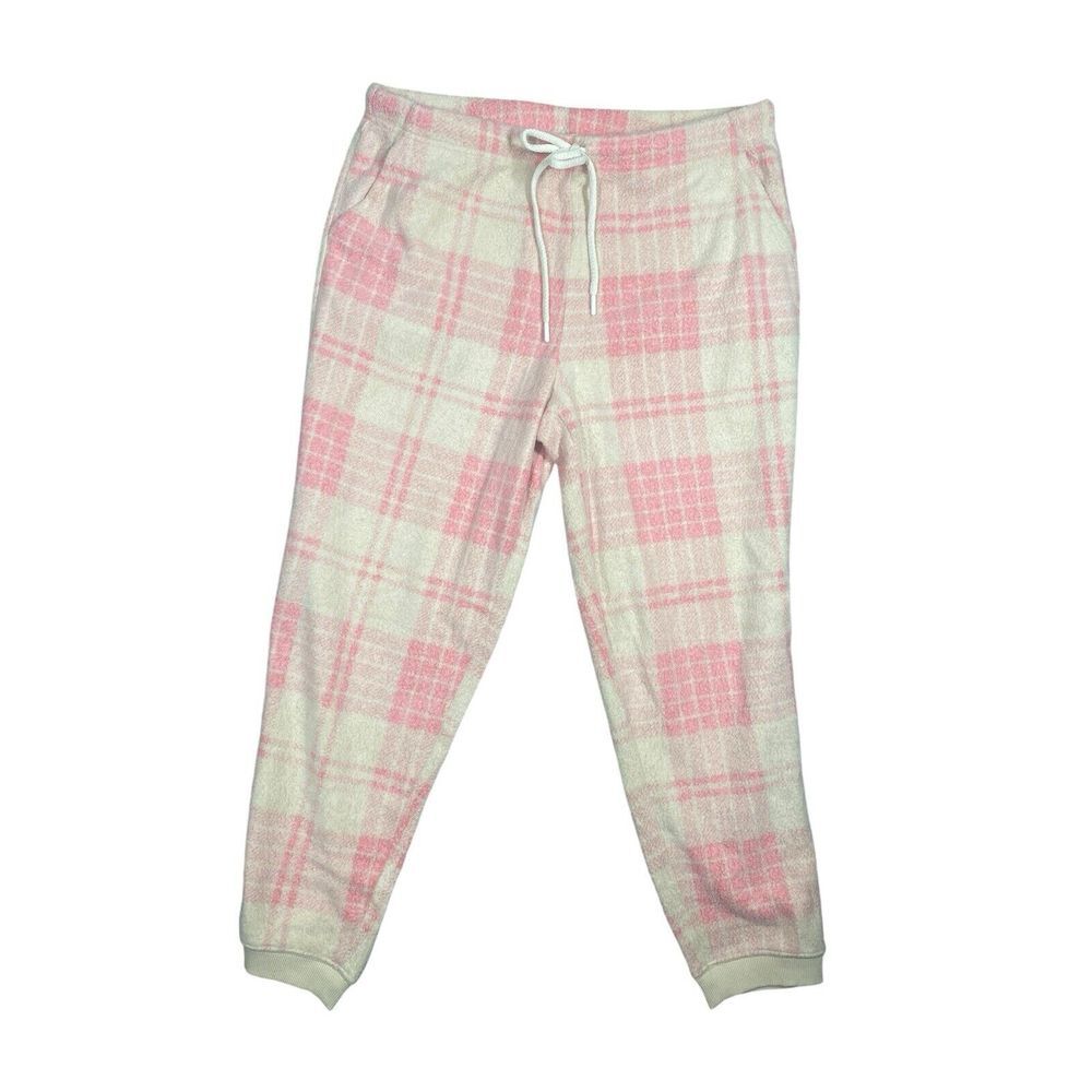 Aerie Women Snowed In Fleece Jogger Soft Sweatpants Pink Plaid Size XL